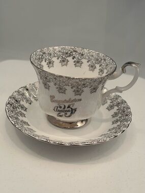 Royal Albert 25th Silver Anniversary  Teacup & Saucer in Silver and White